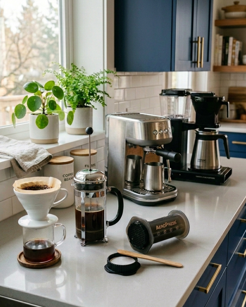 coffee brewing equipment: pour-over dripper and French press on countertop